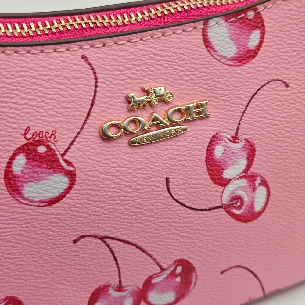 COACH Pink Cherry Print Shoulder Bag with Gold Hardware